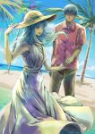  1boy 1girl :d alternate_costume beach black_hair blue_eyes blue_hair blue_sky brown_pants caster cloud commentary_request couple day dress fate/stay_night fate_(series) glasses hat head_in_hand kara413 kuzuki_souichirou long_hair ocean open_mouth palm_tree pants pink_shirt shirt sky sleeveless sleeveless_dress smile sun_hat tree white_dress 