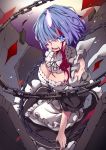  1girl absurdres bangs bare_shoulders black_ribbon blood blood_on_face bloody_clothes blue_eyes blue_hair breasts chain cleavage commentary_request detached_sleeves dress frills hair_ornament hair_over_one_eye highres holding holding_chain horn looking_at_viewer maid maid_headdress mamemochi open_mouth re:zero_kara_hajimeru_isekai_seikatsu rem_(re:zero) ribbon short_hair solo teeth 