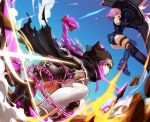  2girls animal_ears animal_hood ass black_leotard blush braid breasts chain fate/grand_order fate_(series) hair_over_one_eye highres holding_shield hood leotard long_hair mash_kyrielight medusa_(lancer)_(fate) multiple_girls nima_(niru54) open_mouth pink_hair purple_eyes purple_hair rider shield short_hair single_braid 