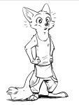  2019 ambiguous_gender anthro arm_tuft barefoot black_and_white canid canine cheek_tuft chest_tuft claws clothed clothing dirty disney elbow_tufts face_tuft fox fuel_(artist) hands_on_hips head_tuft hi_res inner_ear_fluff mammal monochrome neck_tuft overalls shirt shoulder_tuft simple_background skye_(zootopia) smile solo standing tank_top toe_claws topwear tuft white_background zootopia 