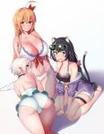  3girls ahoge all_fours amano_don animal_ear_fluff animal_ears antenna_hair arms_behind_back ass back bangs bare_shoulders barefoot bikini black_bikini black_hair blue_eyes blush braid breasts cat_ears cat_girl cat_tail cleavage closed_mouth collarbone eyewear_on_head green_eyes green_swimsuit hair_ornament hairband jacket kneeling kokkoro_(princess_connect!) kyaru_(princess_connect) large_breasts long_hair looking_at_viewer looking_back low_twintails medium_breasts multicolored_hair multiple_girls navel off_shoulder one-piece_swimsuit open_mouth orange_hair pecorine pointy_ears princess_connect! princess_connect!_re:dive purple_jacket red_eyes red_ribbon ribbon shorts side_braid silver_hair simple_background sitting smile streaked_hair sunglasses swimsuit tail thigh_strap thighs twintails umbrella wariza wavy_mouth white-framed_eyewear white_background white_bikini white_hair white_hairband white_shorts 