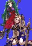  absurdres barefoot blonde_hair blue_background closed_mouth commission cosplay dress ebinku fire_emblem fire_emblem:_three_houses flower full_body green_eyes green_hair hair_flower hair_ornament highres holding holding_staff holding_sword holding_weapon kid_icarus kid_icarus_uprising long_hair manakete nachure nachure_(cosplay) navel pointy_ears side_ponytail simple_background sitting smile sothis_(fire_emblem) sothis_(fire_emblem)_(cosplay) staff sword tiara weapon 