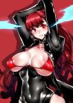  1girl absurdres arms_up bikini_top black_jacket black_leotard blush breasts breasts_outside commentary_request covered_navel covered_nipples gggg gloves highres jacket large_breasts leotard long_hair looking_at_viewer persona persona_5 persona_5_the_royal ponytail red_bikini_top red_eyes red_gloves red_hair shiny shiny_clothes shiny_hair shiny_skin solo standing strap_gap yoshizawa_kasumi 