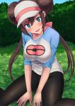  1girl aihara_(buta_no_kakuni) black_legwear blue_eyes blush breasts brown_hair bush double_bun grass highres large_breasts looking_at_viewer low_twintails mei_(pokemon) open_mouth outdoors pantyhose pokemon pokemon_(game) pokemon_bw2 seiza shrit sitting smile solo twintails visor_cap 