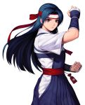  1girl blue_eyes blue_hair blue_hakama clenched_hand closed_mouth commentary_request dougi evilgun fighting_stance fingernails hakama hand_up headband highres japanese_clothes lips long_hair shiny shiny_hair short_sleeves simple_background snk solo the_king_of_fighters toudou_kasumi upper_body white_background 