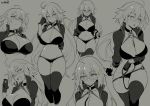  1girl absurdres ahoge bangs bikini black_bikini black_jacket blush breasts choker cleavage closed_mouth cropped_jacket fate/grand_order fate_(series) gloves grey_background highres huge_breasts jacket jeanne_d&#039;arc_(alter_swimsuit_berserker) jeanne_d&#039;arc_(fate)_(all) katana lineart long_hair looking_at_viewer looking_to_the_side multiple_views o-ring o-ring_bikini open_mouth shrug_(clothing) simple_background swimsuit sword thighhighs thighs try very_long_hair weapon 
