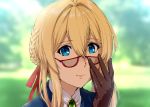  1girl blonde_hair blue_eyes blue_jacket closed_mouth commentary_request glasses gloves hair_between_eyes hair_ribbon jacket looking_at_viewer red_ribbon ribbon solo ueyama_michirou violet_evergarden violet_evergarden_(character) white_neckwear 