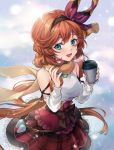  1girl :d bangs bare_shoulders black_bow black_hairband blue_eyes blush bow breasts breath brown_hair clarisse_(granblue_fantasy) commentary_request corset cup detached_sleeves disposable_cup eyebrows_visible_through_hair frills granblue_fantasy hair_ribbon hairband holding holding_cup long_hair long_sleeves looking_at_viewer medium_breasts open_mouth orange_scarf plaid plaid_skirt purple_ribbon red_skirt ribbon scarf shiao shirt skirt smile snowing solo very_long_hair white_shirt winter 