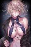  1girl bangs bare_shoulders blonde_hair breasts circlet cleavage earrings fate/grand_order fate_(series) jacket jeanne_d&#039;arc_(alter)_(fate) jeanne_d&#039;arc_(fate)_(all) jewelry looking_at_viewer navel necklace official_art revealing_clothes rororogi_mogura short_hair solo yellow_eyes 