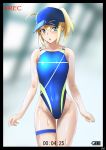  1girl absurdres ahoge artoria_pendragon_(all) aya_(user_ddya7452) baseball_cap blonde_hair blue_eyes blue_headwear blurry chestnut_mouth commentary_request competition_swimsuit cowboy_shot depth_of_field fate/grand_order fate_(series) flat_chest hat highleg highleg_swimsuit highres indoors long_hair looking_at_viewer mysterious_heroine_x one-piece_swimsuit ponytail recording rojiura_satsuki:_chapter_heroine_sanctuary solo standing swimsuit thigh_gap viewfinder 