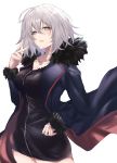  1girl absurdres ahoge black_dress blue_coat breasts coat collarbone cowboy_shot dress fate/grand_order fate_(series) full-length_zipper fur-trimmed_coat fur-trimmed_sleeves fur_trim highres jeanne_d&#039;arc_(alter)_(fate) jeanne_d&#039;arc_(fate)_(all) large_breasts open_clothes open_coat short_dress short_hair silver_hair simple_background solo standing white_background wicked_dragon_witch_ver._shinjuku_1999 yellow_eyes yuki_maccha_(yukimattya10) zipper 