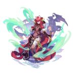  1girl absurdly_long_hair akasha_(dragalia_lost) bodysuit dagger dragalia_lost dragon fire full_body gargoyle headgear holding holding_weapon jewelry long_hair looking_at_viewer non-web_source official_art open_clothes open_shirt red_hair saitou_naoki smile solo statue transparent_background very_long_hair weapon wind yellow_eyes 