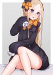  1girl abigail_williams_(fate/grand_order) absurdres bangs black_bow black_dress blonde_hair blue_eyes blush border bow dress fate/grand_order fate_(series) forehead grey_background hair_bow highres kopaka_(karda_nui) long_hair long_sleeves multiple_bows open_mouth orange_bow parted_bangs polka_dot polka_dot_bow ribbed_dress simple_background sitting sleeves_past_fingers sleeves_past_wrists solo thighs white_bloomers white_border 