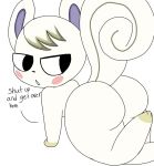  2019 ambiguous_gender animal_crossing anthro big_butt blush butt fur looking_back mammal marshal_(animal_crossing) nintendo nude open_mouth rodent sciurid screwybadger simple_background solo text tree_squirrel video_games white_background white_body white_fur 