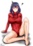  1girl alternate_costume barefoot black_hair blush breasts covered_navel covered_nipples hair_ornament highres kantai_collection large_breasts leotard light_frown looking_at_viewer red_eyes red_leotard ribbed_leotard ribbed_sweater short_hair sidelocks signature sitting sleeves_past_wrists solo sweater thighs turtleneck_leotard uratomomin white_background yamashiro_(kantai_collection) 