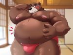  12beat13 2019 anthro belly brown_body brown_fur bulge clothing cute_fangs fur humanoid_hands male mammal moobs navel nipples overweight overweight_male solo underwear ursid 