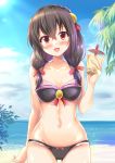  1girl bare_shoulders beach bikini black_bikini black_hair blush braid breasts bubble_tea collarbone commentary_request day hair_ornament highres kono_subarashii_sekai_ni_shukufuku_wo! large_breasts long_hair looking_at_viewer navel open_mouth outdoors radek_ken red_eyes smile swimsuit water yunyun_(konosuba) 