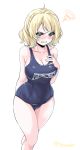  1girl alternate_costume angry arms_behind_back blonde_hair blue_eyes blue_swimsuit blush breasts cleavage clenched_teeth collarbone colorado_(kantai_collection) covered_navel cowboy_shot eyebrows_visible_through_hair hand_on_own_chest highres kantai_collection large_breasts looking_at_viewer name_tag old_school_swimsuit one-piece_swimsuit school_swimsuit short_hair side_braids simple_background solo standing swimsuit takomeshi teeth twitter_username white_background 