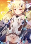  1girl ahoge azur_lane bangs bare_shoulders blonde_hair breasts cannon cleavage_cutout commentary_request detached_sleeves eldridge_(azur_lane) loli_ta1582 long_hair looking_at_viewer parted_lips red_eyes rigging sideboob small_breasts solo standing tabard thighhighs thighs twintails very_long_hair 