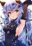  1girl 40_(0f0urw) :o absurdres animal_ears arm_up armpits black_gloves blue_hair blush breasts eyebrows_visible_through_hair ferry_(granblue_fantasy) gloves granblue_fantasy hair_between_eyes hair_ornament highres jewelry long_hair looking_at_viewer medium_breasts sideboob simple_background single_earring solo wavy_hair white_background x_hair_ornament yellow_eyes 