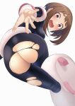  1girl ass blush bodysuit boku_no_hero_academia breasts brown_eyes brown_hair freckles highres kobaji looking_at_viewer open_mouth shirt short_hair sidelocks solo uraraka_ochako white_background 