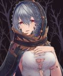  1girl alternate_hair_color bare_tree black_background breasts cloak code_vein commentary dress eyebrows_visible_through_hair fangs grey_hair hair_between_eyes hand_on_own_chest highres hood hooded_cloak io_(code_vein) lips medium_breasts short_hair solo torn_clothes torn_dress tree vampire yautau yellow_eyes 