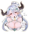  1girl breasts cleavage dated draph food fur_collar granblue_fantasy hat horns izmir kirika_(nutsmoon) large_breasts long_hair mole mole_under_mouth mouth_hold pocky pocky_day pointy_ears red_eyes silver_hair 