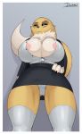  absurd_res anthro breasts canid canine clothed clothing digimon digimon_(species) doggomeatball female fur grey_background hi_res looking_at_viewer mammal panties renamon simple_background solo standing underwear yellow_body yellow_fur 