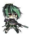  1girl bangs black_shorts blush_stickers brown_eyes chibi danielle_brindle eyebrows_visible_through_hair facial_scar full_body girls_frontline gloves green_footwear green_gloves green_hair gun hair_between_eyes hair_ornament highres holding holding_gun holding_weapon knee_pads multicolored_hair navel nose_scar original ponytail rifle scar shoes short_shorts short_sleeves shorts simple_background slit_pupils sniper_rifle sniper_scope solo standing suppressor trigger_discipline two-tone_hair weapon white_background xm2010 