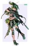  1girl absurdres bangs breasts brown_eyes commentary danielle_brindle eyebrows_visible_through_hair facial_scar fingerless_gloves full_body girls_frontline gloves green_footwear green_gloves green_hair green_shorts gun hair_between_eyes hair_ornament half-closed_eyes highres holding holding_gun holding_weapon knee_pads looking_at_viewer multicolored_hair navel nose_scar original piercing purple_background rifle scar shoes short_shorts short_sleeves shorts shrug_(clothing) slit_pupils small_breasts sniper_rifle sniper_scope solo suppressor tongue_piercing two-tone_background two-tone_hair weapon white_background xm2010 