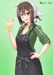  1girl :d anchor_symbol anti_(untea9) apron blush breasts brown_hair cleavage cowboy_shot cup food fruit green_background green_eyes green_jacket green_track_suit hair_ornament hand_on_hip highres holding holding_cup jacket kantai_collection lemon looking_at_viewer maya_(kantai_collection) medium_breasts open_mouth short_hair simple_background smile solo track_jacket twitter_username x_hair_ornament 