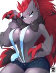  2019 anthro anthrofied blue_eyes bottomwear breasts canid canine claws clothing cutoffs daisy_dukes denim denim_clothing front_view fur grey_body grey_fur hair hi_res hotpants mammal microshorts minishorts nintendo pok&eacute;mon pok&eacute;mon_(species) red_hair shorts simple_background skwidbone solo video_games white_background zoroark 