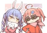  2girls :3 ahoge alternate_costume animal_ear_fluff animal_ears bangs blue_hair bow braid bunny_ears crossed_arms eyebrows eyebrows_visible_through_hair green_eyes hair_between_eyes hair_bow hair_ornament hairclip hololive kuro_(kuroneko_no_kanzume) long_braid long_hair long_sleeves medium_hair multicolored_hair multiple_girls one_side_up orange_eyes pink_hair pink_sleeves red_sleeves sakura_miko scarf sunglasses sweat symbol-shaped_pupils twin_braids two-tone_hair upper_body usada_pekora virtual_youtuber white_hair 