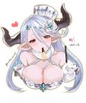  1girl breasts cleavage dated draph food fur_collar granblue_fantasy hat heart horns izmir kirika_(nutsmoon) large_breasts long_hair mole mole_under_mouth mouth_hold pocky pocky_day pointy_ears red_eyes silver_hair smile 