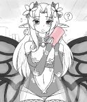  1girl :o ? artificial_vagina bare_shoulders blush breasts commentary cowboy_shot elbow_gloves english_commentary eyebrows_visible_through_hair fairy_wings fingerless_gloves flower gloves greyscale hair_flower hair_intakes hair_ornament holding indoors large_breasts latenight long_hair looking_at_viewer monochrome monster_girl_encyclopedia navel pointy_ears solo spoken_question_mark spot_color thigh_gap titania_(monster_girl_encyclopedia) wings 