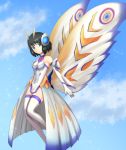  1girl absurdres antennae armor black_hair blue_eyes blue_sky breasts bug claws cloud commentary crossover eternal_mothra godzilla_(series) green_eyes highres insect insect_wings kohinata_miku kusunotaiboku large_wings medium_breasts monster moth moth_girl moth_wings mothra senki_zesshou_symphogear senki_zesshou_symphogear_xd_unlimited short_hair sky smile symphogear_pendant wings x-drive_(symphogear) 