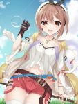  1girl :d atelier_(series) atelier_ryza bangs bare_shoulders belt belt_buckle beret black_ribbon blue_belt blue_sky blush breasts brown_belt brown_eyes brown_gloves brown_hair buckle cloud cloudy_sky collarbone commentary_request day drawstring eyebrows_visible_through_hair gloves hair_between_eyes hair_ornament hairclip hand_up hat highres holding hood hood_down hooded_jacket jacket jewelry medium_breasts mizu_(lzzrwi603) navel necklace open_clothes open_jacket open_mouth outdoors puffy_short_sleeves puffy_sleeves red_shorts reisalin_stout ribbon round-bottom_flask shirt short_shorts short_sleeves shorts sidelocks single_glove sky sleeveless sleeveless_jacket smile solo star star_necklace thigh_gap thighhighs upper_teeth vial white_headwear white_legwear white_shirt yellow_jacket 