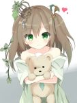  1girl bangs brown_hair character_request closed_mouth collarbone commentary_request crown damaged dress eyebrows_visible_through_hair food fruit grapes green_dress green_eyes hair_between_eyes heart highres key light_smile long_hair looking_at_viewer mini_crown mizu_(lzzrwi603) object_hug shadowverse solo stuffed_animal stuffed_toy teddy_bear tilted_headwear two_side_up upper_body 