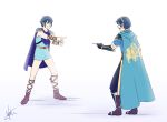  2boys :d armor black_footwear black_gloves black_pants blue_background blue_cape blue_eyes blue_hair blue_tunic boots brown_footwear cape commentary dual_persona fingerless_gloves fire_emblem fire_emblem:_new_mystery_of_the_emblem fire_emblem:_shadow_dragon_and_the_blade_of_light from_behind gloves gradient gradient_background greaves grin looking_at_another marth_(fire_emblem) multiple_boys open_mouth pants parody pauldrons pointing pointing_spider-man profile short_sleeves signature sleeveless smile spider-man_(series) thighs tiara tunic vambraces visyaoran white_background yellow_belt 