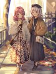  2girls absurdres aqua_eyes arm_up autumn_leaves bag bang_dream! bangs belt belt_buckle black_footwear blurry blurry_background blush braid brown_jacket bubble_tea buckle collared_dress commentary_request crepe cup depth_of_field dot_nose drawstring dress drinking_straw earrings eyebrows_visible_through_hair fence floral_print food full_body grey_dress hair_ornament hair_over_shoulder handbag highres holding holding_cup holding_food jacket jewelry long_hair long_skirt long_sleeves looking_at_another maruyama_aya medium_hair multiple_girls nogi_momoko open_clothes open_jacket open_mouth path pink_eyes pink_hair puffy_sleeves shoes side-by-side silver_hair skirt sleeve_cuffs sleeves_past_wrists smile swept_bangs twin_braids upper_teeth wakamiya_eve walking white_jacket wide_sleeves 