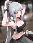  1girl absurdres alternate_costume armpits arms_up bangs blunt_bangs blurry blurry_background bottle breasts cleavage collarbone commentary depth_of_field eyebrows_visible_through_hair facial_mark girls_frontline green_eyes hair_ornament hair_tie high_ponytail highres hk416_(girls_frontline) long_hair looking_away medium_breasts mouth_hold navel pants pn_pixi sidelocks silver_hair solo sweatband tank_top tight tight_pants tying_hair water_bottle yoga_pants 
