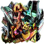  1boy aburaya_tonbi arm_up black_hair brown_eyes brown_pants jumbor jumbor_balutronica mecha mechanical_hands pants simple_background solo spiked_hair white_background 