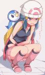  1girl backpack bag bare_shoulders beanie between_legs black_legwear black_shirt blank_eyes blue_eyes blue_hair blush boots breasts closed_mouth commentary_request embarrassed full_body gen_4_pokemon grey_background hair_ornament hairclip hand_between_legs hat have_to_pee hikari_(pokemon) knee_boots kneehighs long_hair miniskirt muroi_(fujisan0410) open_mouth pink_footwear pink_skirt piplup poke_ball_symbol poke_ball_theme pokemon pokemon_(creature) pokemon_(game) pokemon_dppt red_scarf scarf shiny shiny_skin shirt simple_background skirt sleeveless sleeveless_shirt small_breasts solo_focus squatting sweat talking tears teeth tied_hair translation_request trembling watch white_headwear wristwatch 