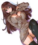  1girl amania_orz bangs between_breasts black_legwear blue_eyes blush breasts brown_hair cleavage colored_shadow dated eating eyebrows_visible_through_hair eyelashes food hair_between_eyes large_breasts long_hair long_sleeves lying meme_attire on_back open-chest_sweater original panties pantyshot pantyshot_(lying) pocky ribbed_sweater shadow shiny shiny_clothes shiny_hair signature skindentation solo sweater thighhighs turtleneck twitter_username underwear white_panties 
