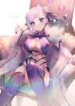  1girl aguy asymmetrical_hair bangs bare_shoulders blue_eyes blue_legwear blue_ribbon blue_swimsuit blush breasts bun_cover cape criss-cross_halter detached_sleeves fate/grand_order fate_(series) fur-trimmed_cape fur_trim hair_bun hair_ribbon halterneck large_breasts long_hair looking_at_viewer miyamoto_musashi_(fate/grand_order) miyamoto_musashi_(swimsuit_berserker)_(fate) navel pink_hair ribbon side_bun sitting smile solo swept_bangs swimsuit thighhighs thighs two-tone_swimsuit white_cape white_swimsuit 