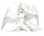  anthro anthrofied baron_engel bedroom_eyes breasts complete_nudity cutie_mark equid equine female friendship_is_magic greyscale half-closed_eyes hi_res horn horse kneeling large_wings looking_at_viewer mammal monochrome my_little_pony nipples nude pony princess_celestia_(mlp) pussy seductive simple_background smile solo spread_legs spread_wings spreading traditional_media_(artwork) white_background winged_unicorn wings 