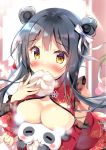  1girl animal baozi black_hair blush bow breast_rest breasts breasts_on_head brown_eyes china_dress chinese_clothes cleavage closed_mouth commentary_request detached_sleeves double_bun dress eating food hair_bow holding holding_food long_hair long_sleeves medium_breasts nose_blush original pan_(mimi) panda petals red_dress red_sleeves sidelocks sleeveless sleeveless_dress solo white_bow wide_sleeves 