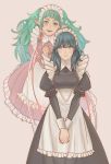  2girls blue_eyes blue_hair braid byleth_(fire_emblem) byleth_(fire_emblem)_(female) closed_mouth e_f_regan826 fire_emblem fire_emblem:_three_houses green_eyes green_hair long_hair long_sleeves maid maid_headdress medium_hair multiple_girls open_mouth pointy_ears simple_background sothis_(fire_emblem) twin_braids twitter_username 
