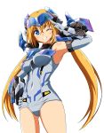  1girl absurdres armpits bare_shoulders blonde_hair blue_eyes breasts commentary_request elbow_gloves frame_arms_girl gloves grin hair_between_eyes hand_on_hip headgear highres hresvelgr_ater kumichou_(ef65-1118-ef81-95) long_hair looking_at_viewer low_twintails mecha_musume medium_breasts one_eye_closed school_swimsuit smile solo swimsuit thighs twintails very_long_hair white_background white_gloves white_school_swimsuit white_swimsuit 