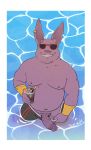  balls beverage bottomwear burrserk champa clothed clothing dragon_ball dragon_ball_super erection eyewear grin hi_res humanoid_penis male moobs nipples overweight partially_clothed penis purple_body shorts shorts_down smile sunglasses 